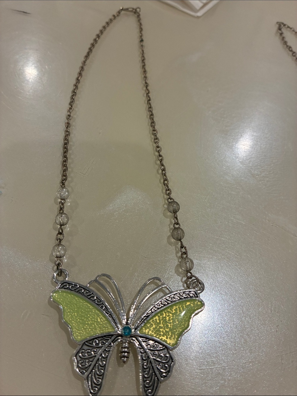 Silver Butterfly Pendant Necklace with Lime Green Enamel - Women Jewelry